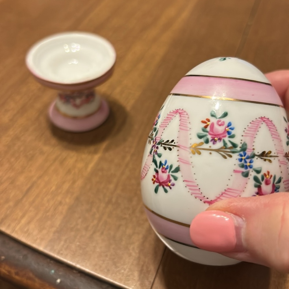 Vintage Porcelain Egg with Gold Trim and Pink Floral Design